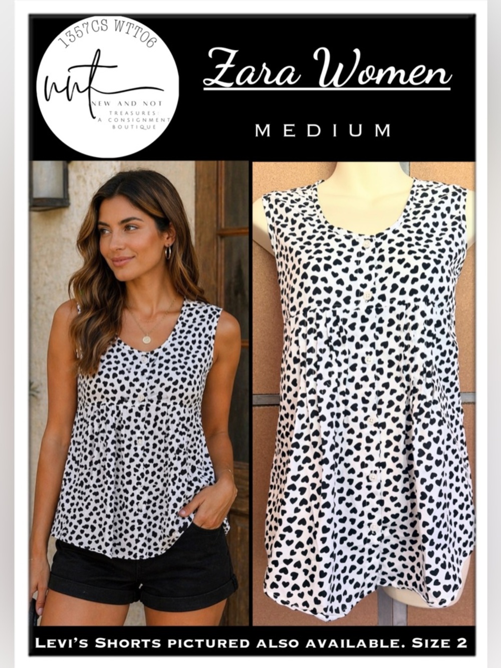 Zara Women White Black Heart Print Babydoll Tank Top Sleeveless Blouse Medium